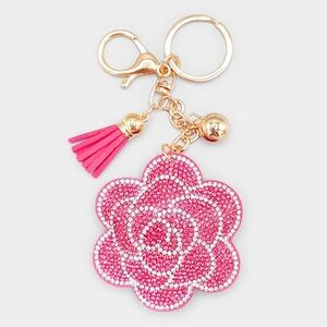 Pink Floral Bag Charm /Keychain with Gold Accents and pink tassles